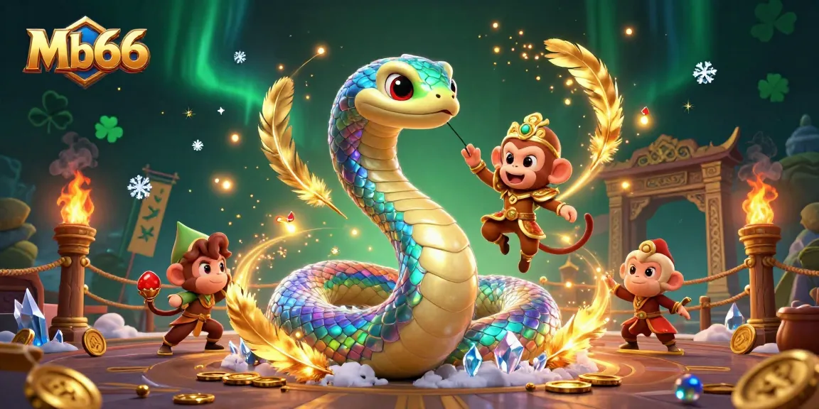 Engage with Mb66's vibrant gaming experience featuring a rainbow serpent and a monkey king amid betting tokens and coins.