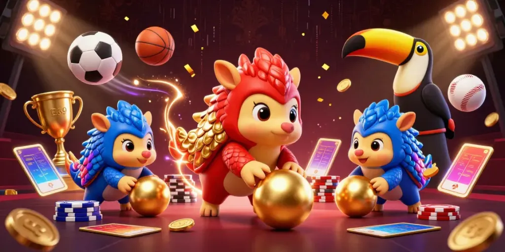 E39 pangolins compete in a dynamic casino scene filled with sports elements and poker chips.