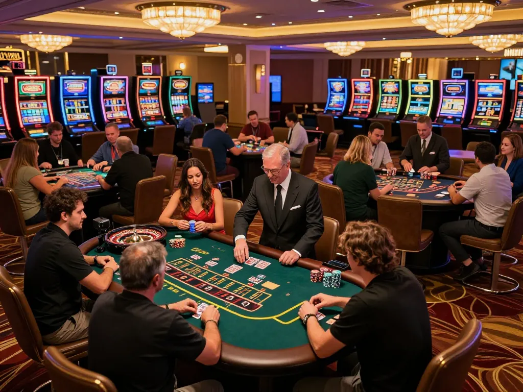 Players enjoying a thrilling j88 blackjack game at an upscale casino, vibrant atmosphere with warm lighting.