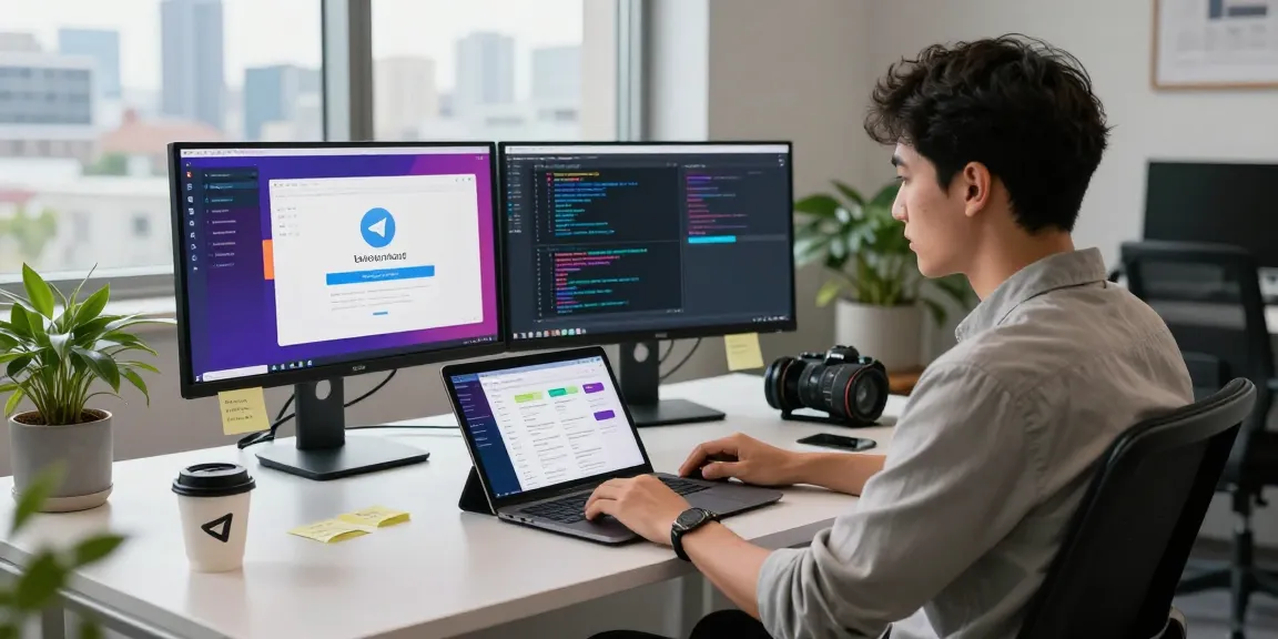 Engaging workspace showcasing Telegram Download page on laptop with dual monitors in a bright office.