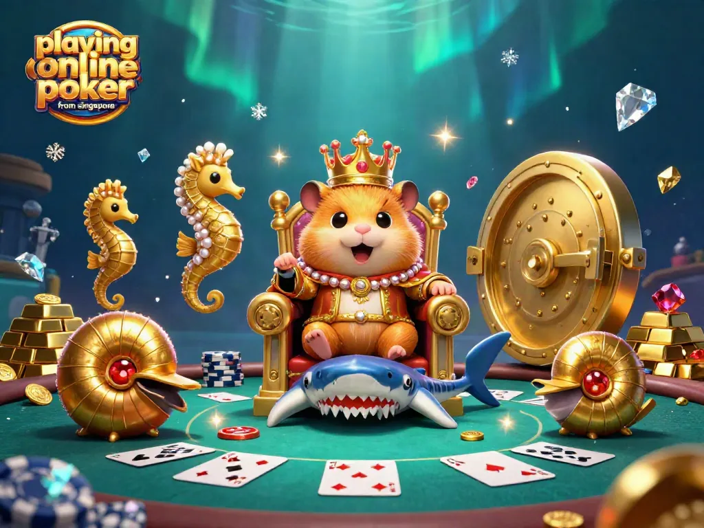 Engage in playing online poker from Singapore with a hamster king ruling from a shark throne amidst gems and cards.