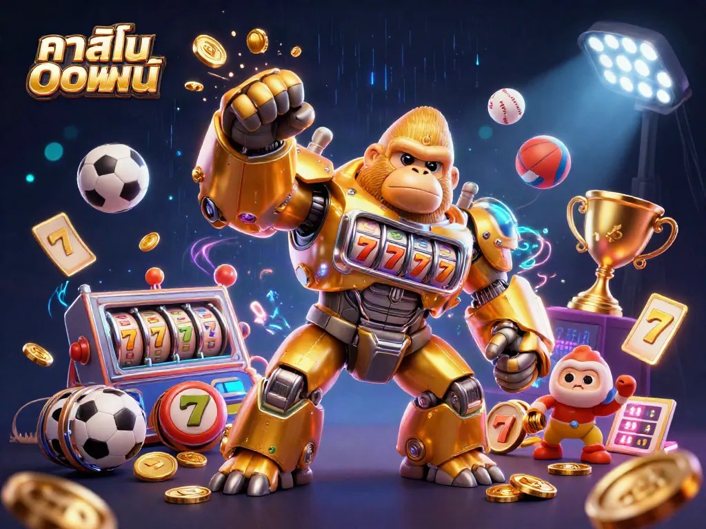 คาสิโนออนไลน์มีเมคานิคทองในรูปแบบเกมส์สล็อตและลูกบอลกีฬาลอยอยู่ในภาพ