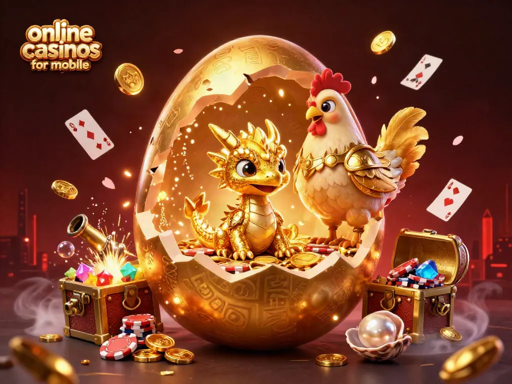 Engaging scene depicting online casinos for mobile featuring a golden baby dragon, poker chips, and treasure elements.