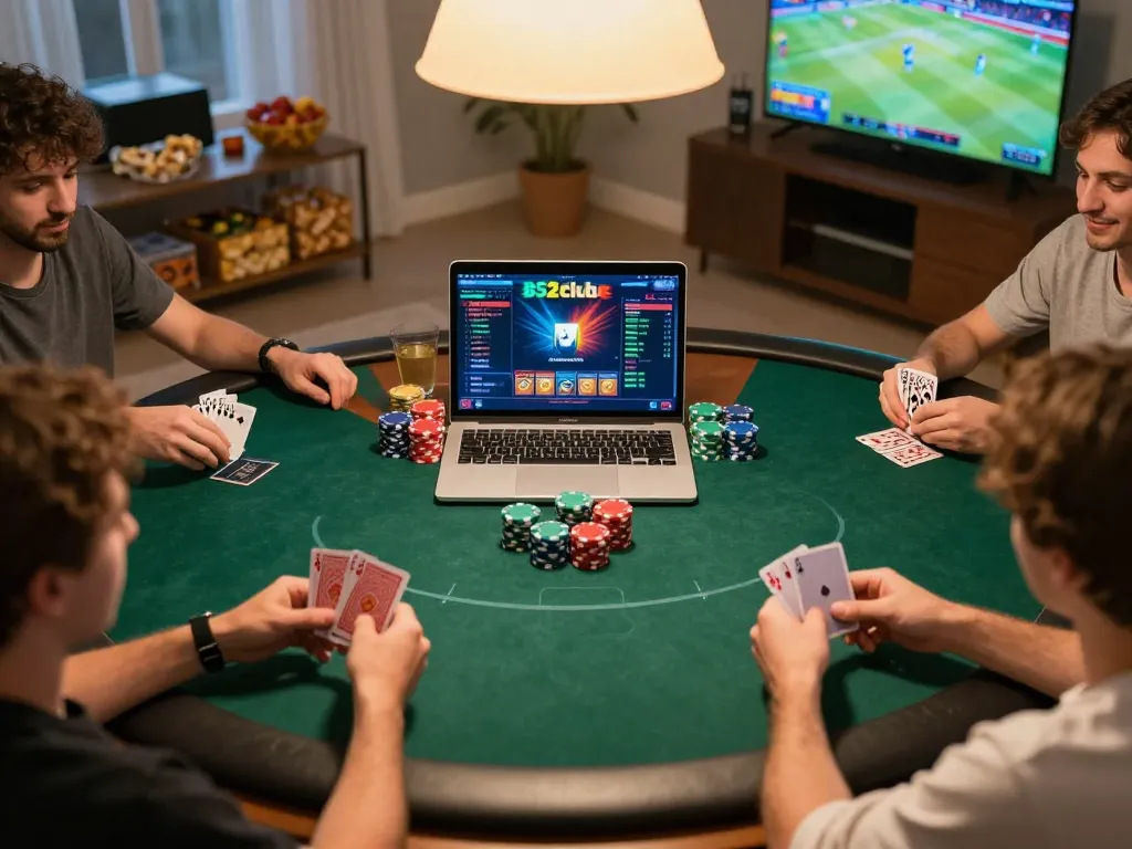 Players engaging in a lively online poker game at b52club, with chips and cards prominently featured, in a cozy home setting.