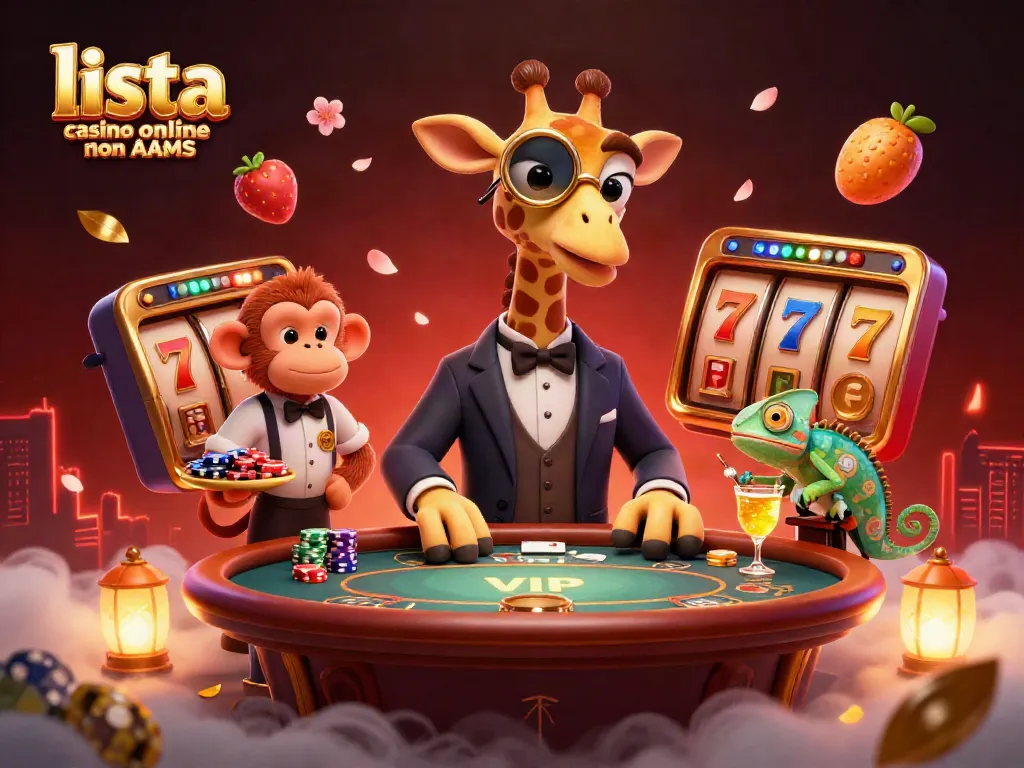 Gioca e esplora la lista casino online non AAMS con l'elegante giraffa ad un tavolo VIP, circondata da simboli fortunati.