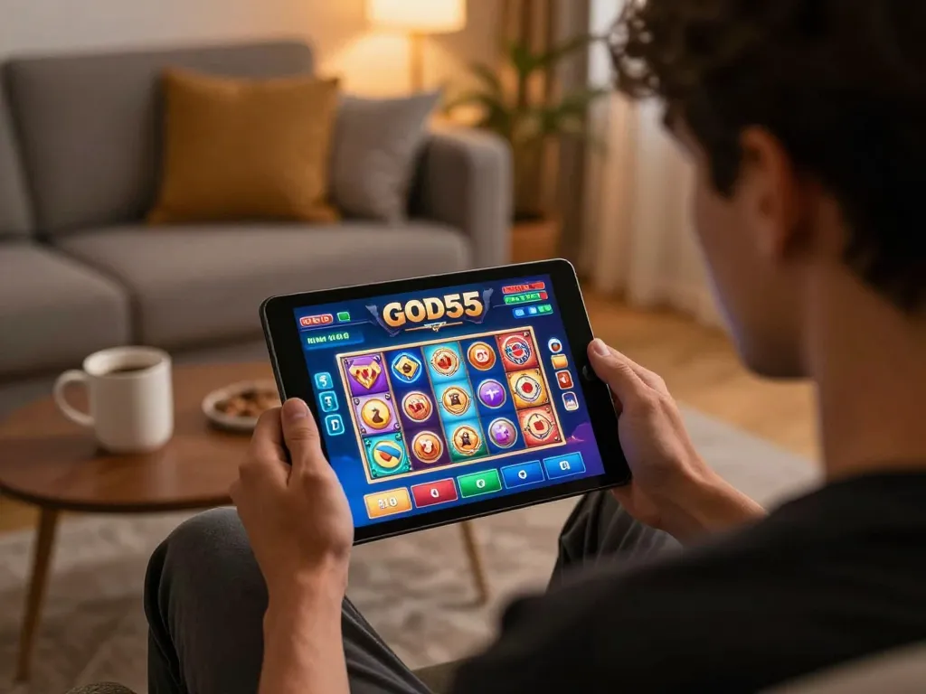 Player enjoying slots at god55 casino on tablet, showcasing immersive gaming experience.