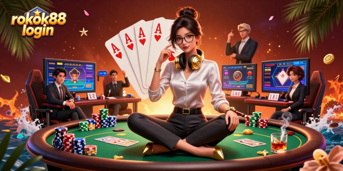 Engage with rokok88 login an elegant Asian woman mastering casino games at her tech-savvy setup.