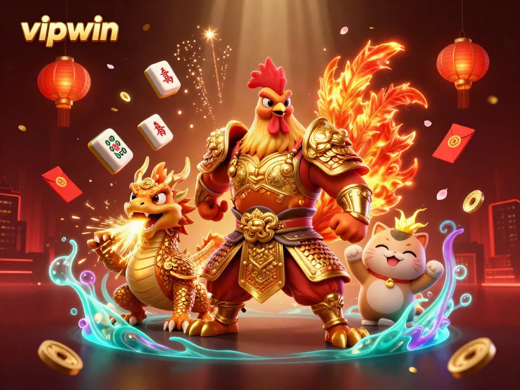 Experience thrill with vipwin's fighting rooster warrior and dragon hatchling in a dazzling 3D casino scene.