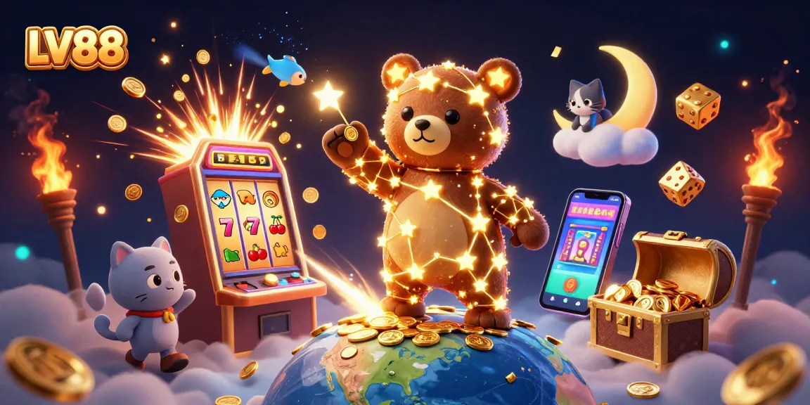 Experience LV88 with dazzling slots and cosmic characters in this vibrant casino illustration.