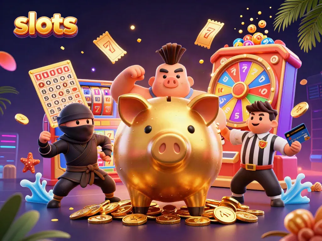 Dynamic scene illustrating slots with golden piggy bank sumo wrestler, vibrant game elements, and festive ambiance.