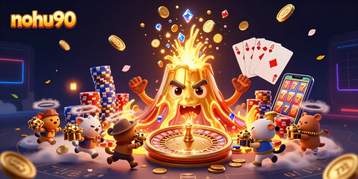 Experience thrilling wins with nohu90 in this vibrant casino adventure illustration.