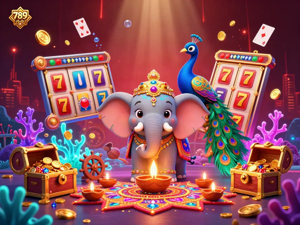 Engage with the vibrant 789 club gaming world featuring a colorful 3D scene of an ornate elephant and peacock.