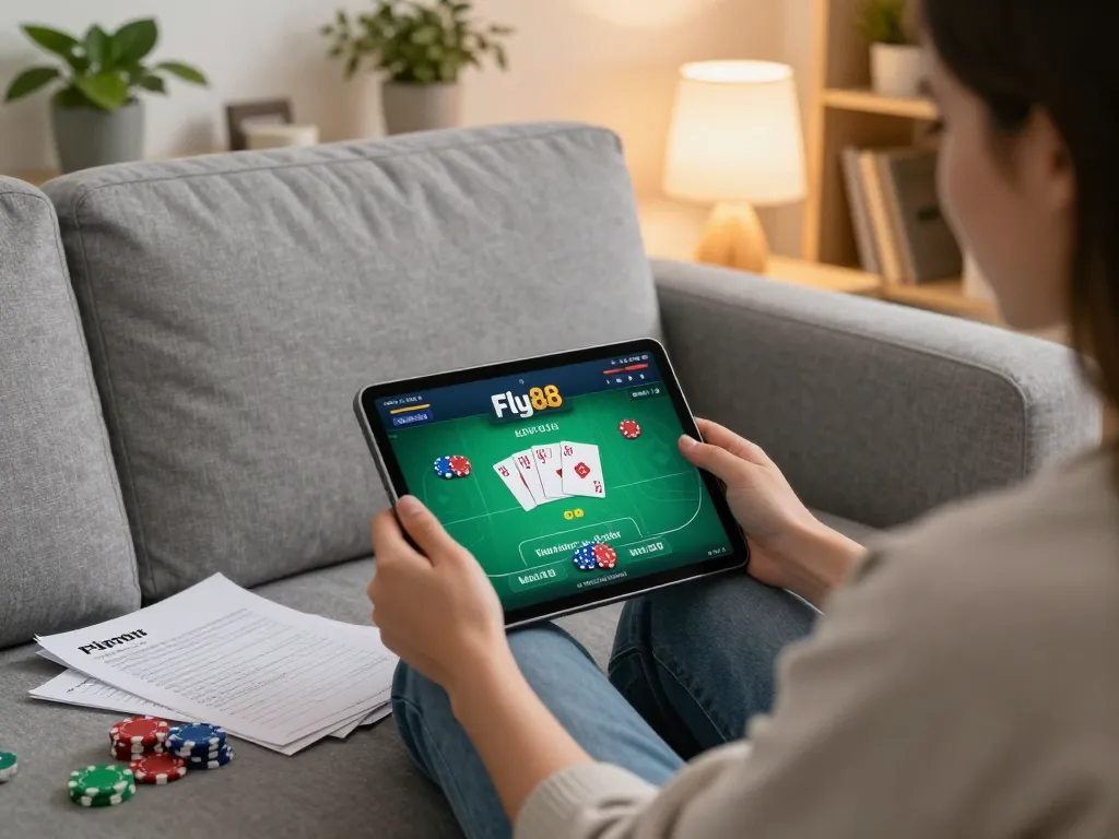 Engaging with the fly88 app on tablet during a cozy home gaming night, featuring poker gameplay and warm atmosphere.