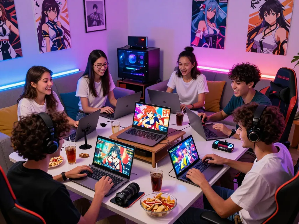 Friends enjoying hentai game sessions together on laptops and smartphones in a cozy gaming space.