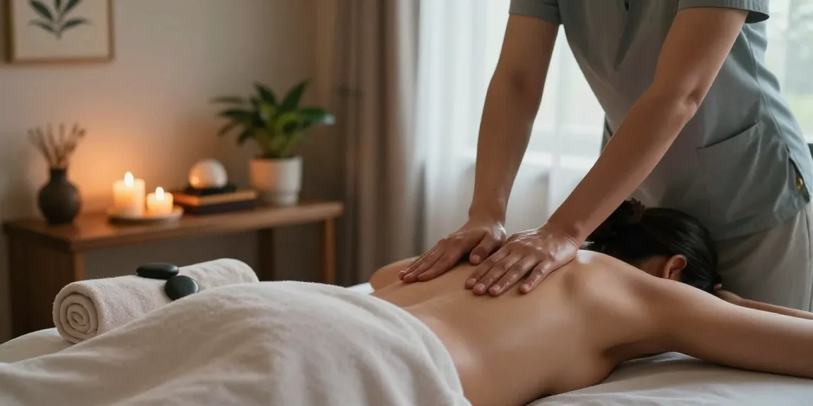 Relaxing 파주출장안마 in a serene massage therapy room with ambient lighting and tranquil decor.