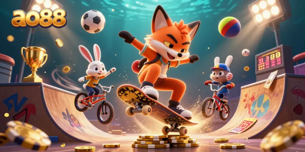 Experience winning with ao88 through vibrant casino-themed 3D illustration showcasing playful characters and lively game elements.