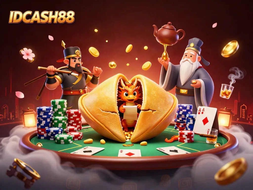 Engage with IDCASH88's golden fortune cookie scene filled with poker action and treasure.