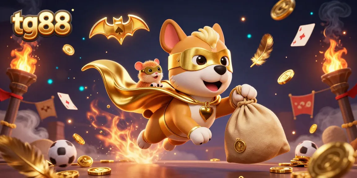 Engage in sports betting excitement with tg88, featuring a superhero dog and a hamster sidekick.