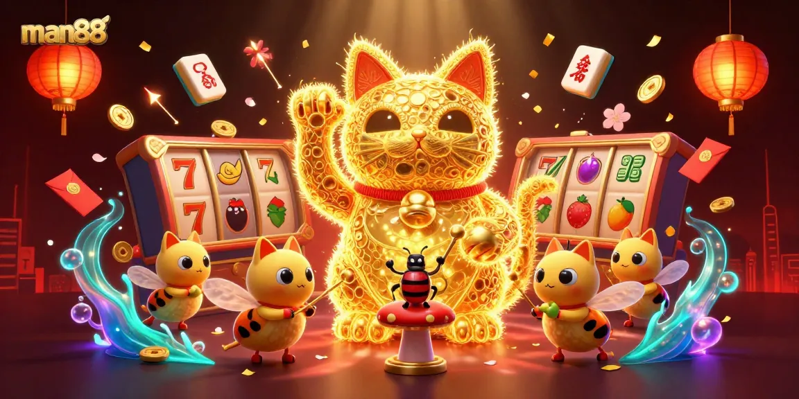 Spin and win with man88's vibrant casino spectacle featuring lucky symbols and festive elements.