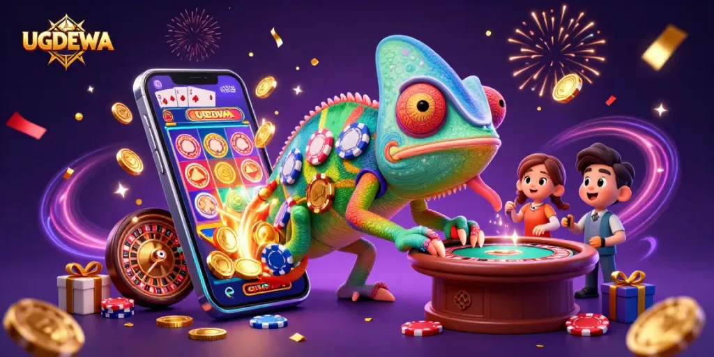 Experience the excitement of UGDEWA with golden coins flying as our chameleon casino owner captures winnings.