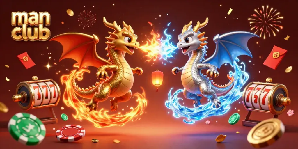 Join the excitement at man club with playful dragons amid casino-themed celebrations.