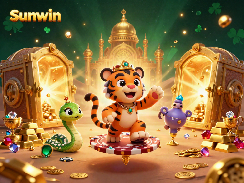 Experience the magic of Sunwin with a vibrant casino-themed illustration featuring a tiger sultan and treasures.