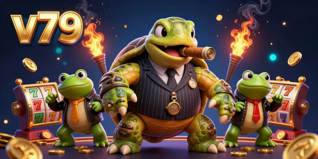 Engage with v79's thrilling casino atmosphere, featuring a cartoon snapping turtle mobster and enforcers amidst dazzling slot elements.