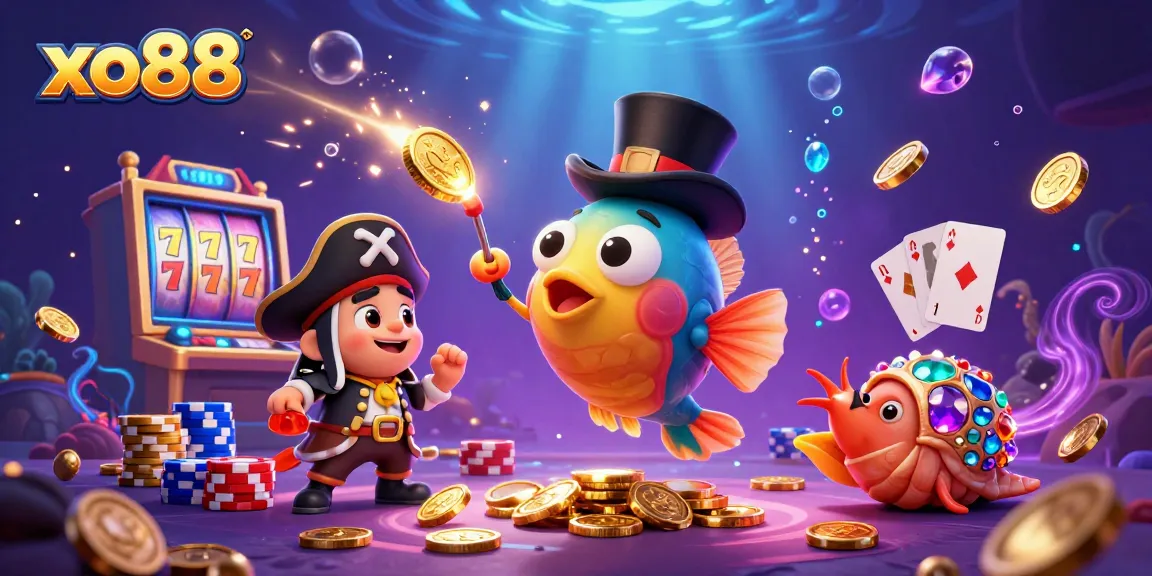 Engage with xo88's thrilling 3D illustration featuring slot reels, coins, and vibrant sea creatures.