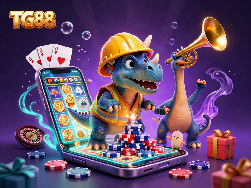 Experience the excitement of TG88 with a 3D illustration of animated dinosaurs celebrating a poker chip pyramid.