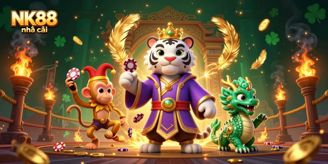 Bet on wins at NK88 nhà cái with a vibrant scene of a royal tiger and golden monkey.