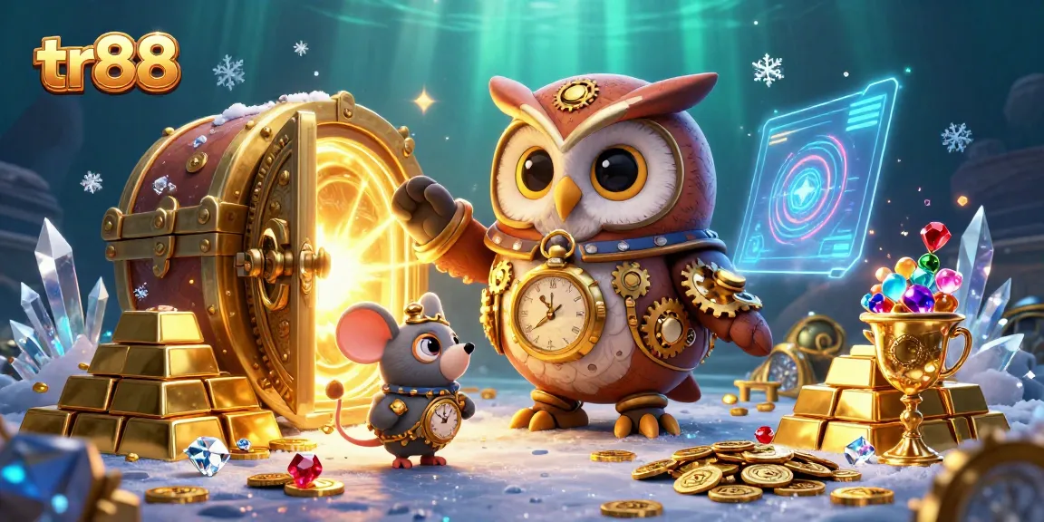 Engage with tr88's captivating casino adventure featuring an owl in steampunk gear.