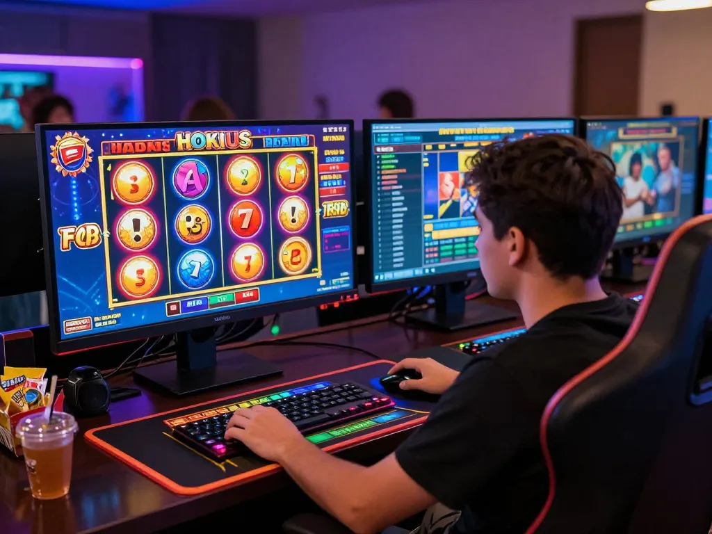 Player engaged in hoki slot gaming with vibrant visuals and multiple screens