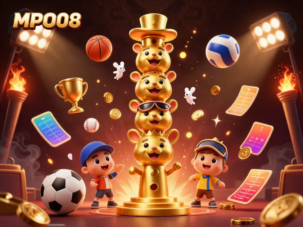 MPO08 showcases an engaging casino scene with a golden totem pole and flying sports balls, emphasizing dynamic betting action.