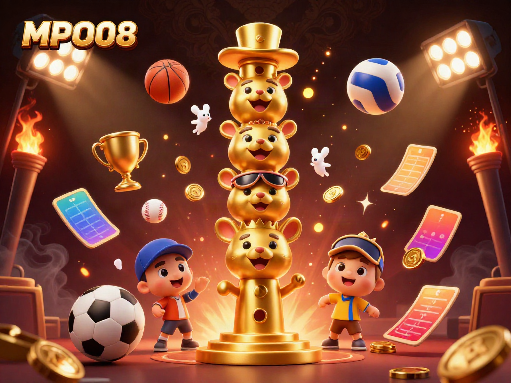 MPO08 showcases an engaging casino scene with a golden totem pole and flying sports balls, emphasizing dynamic betting action.