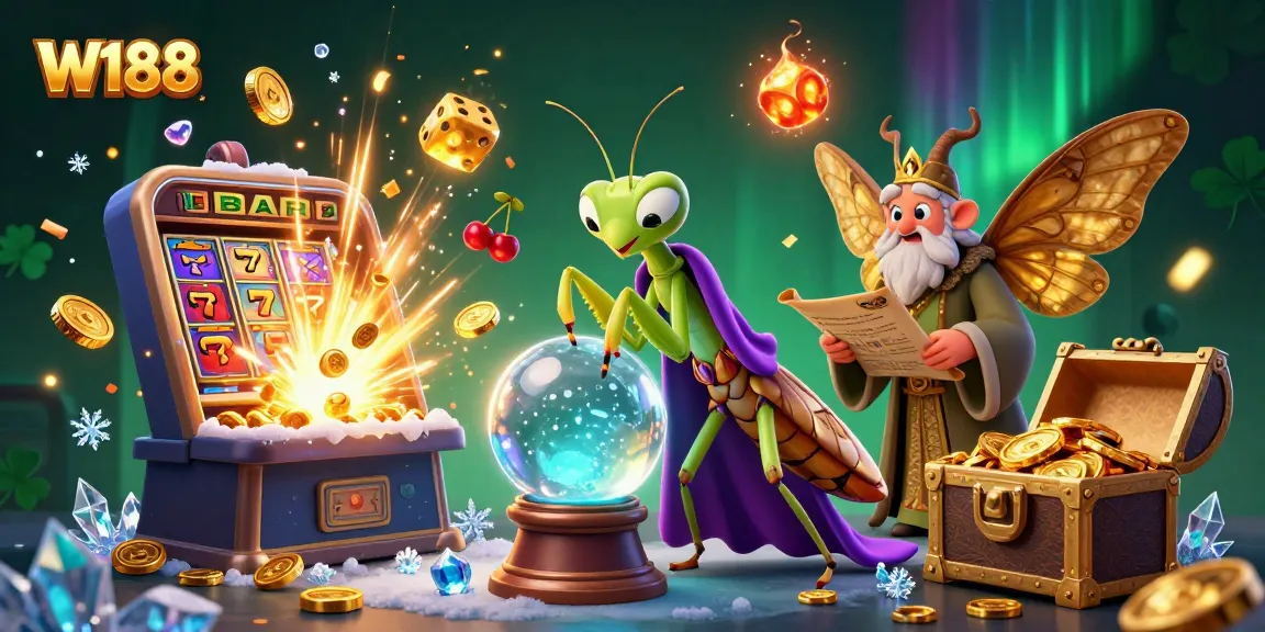 Engage in thrilling W188 casino action with vibrant characters, slot machines, and mystical elements.