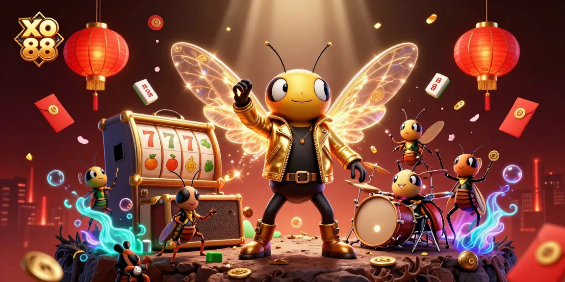 Engage with xo 88 through an exciting 3D casino scene featuring a cicada rock star and dynamic game elements.