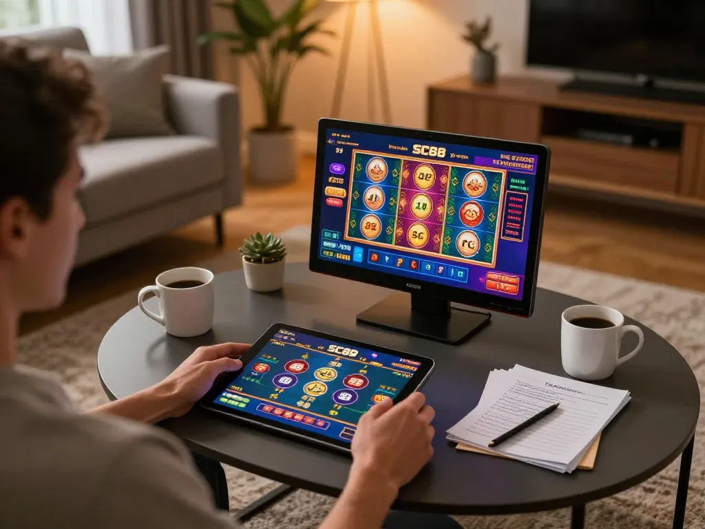 Player engaging with SC88 casino app on tablet during cozy home gaming session.