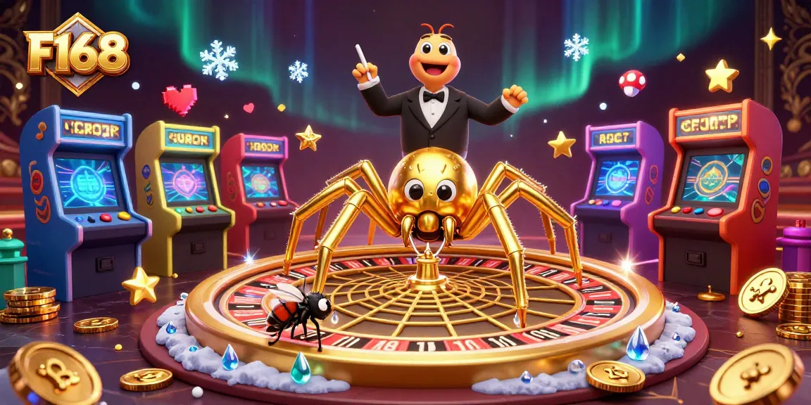 F168 showcases exciting bets with a golden spider roulette web in a vibrant casino scene.
