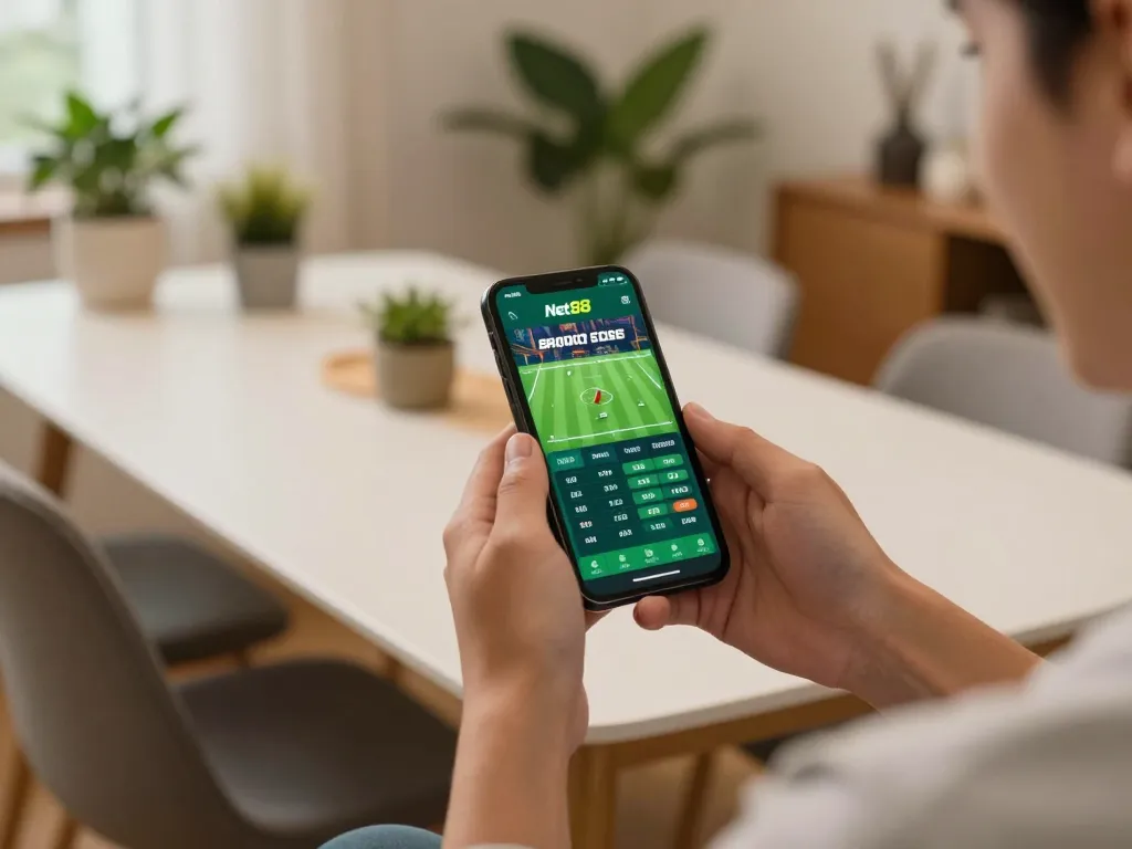 Engaging sports betting on Net88 app with smartphone in modern home setting