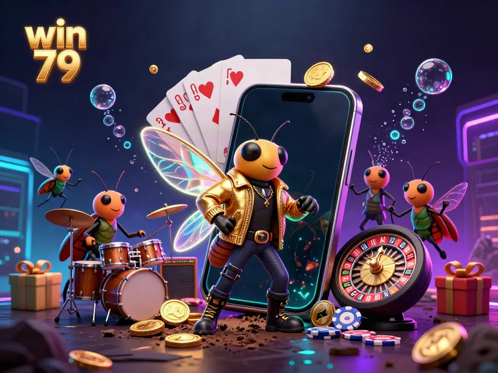 Experience the vibrant energy of win 79 with an illustration of a lively casino scene featuring a rock star cicada and exciting gaming elements.