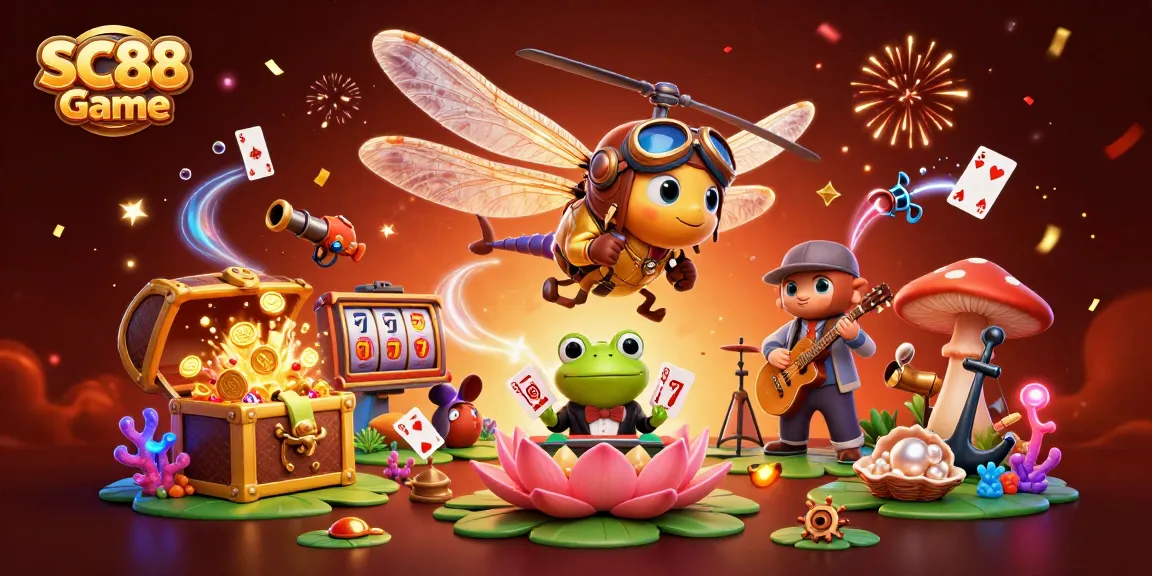 Engage in the SC88 Game experience with vibrant casino scenes featuring a dragonfly pilot and champagne