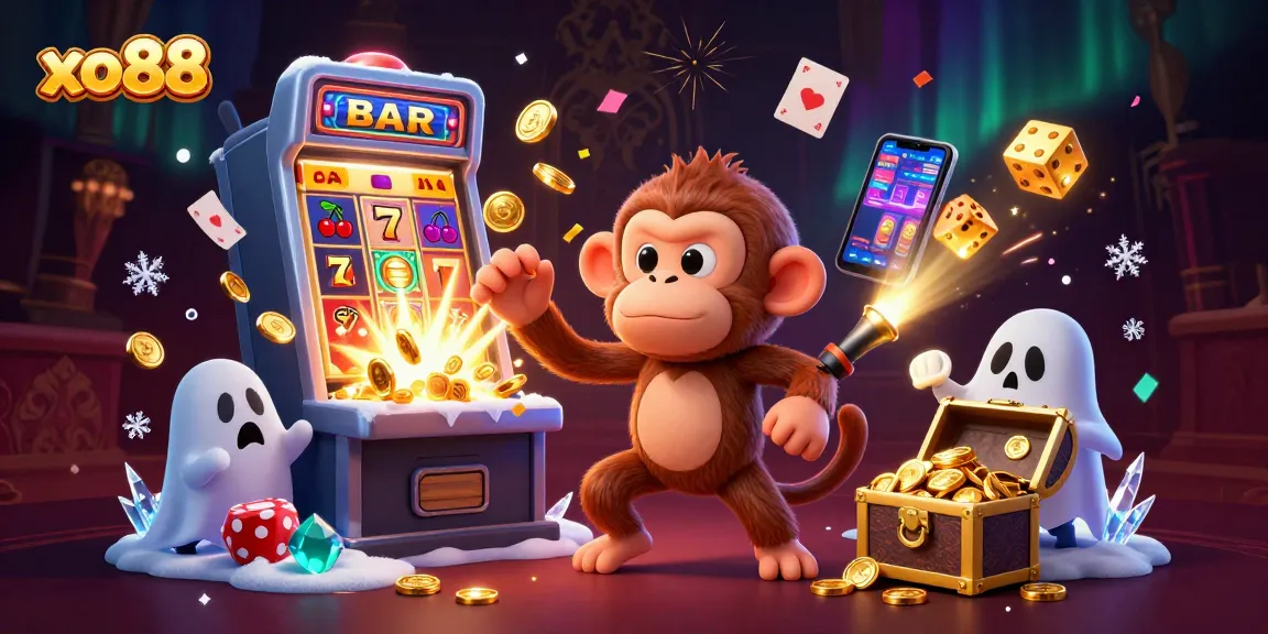 Engage with the xo88 haunted casino scene featuring a juggler monkey and a curious puppy exploring for jackpot treasures.
