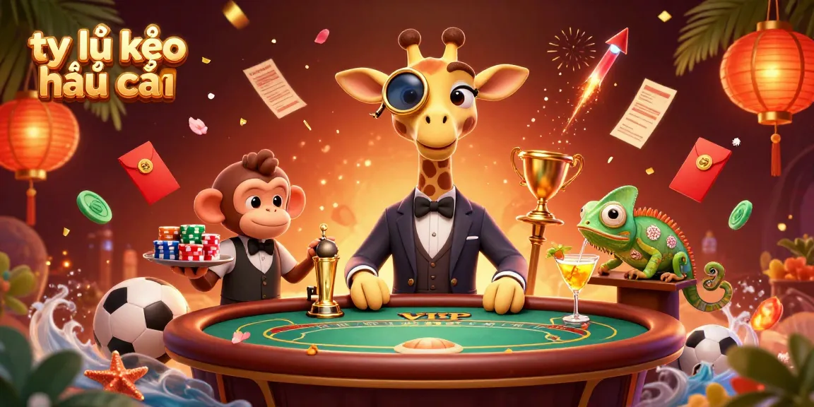 Engage with tỷ lệ kèo nhà cái at a dynamic casino scene featuring a sophisticated giraffe, a monkey valet, and a chameleon bartender.