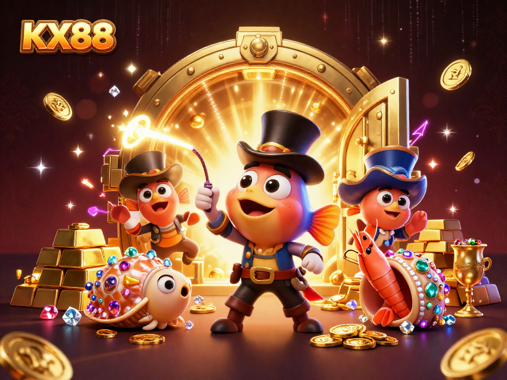 KX88 offers an exhilarating scene of winning moments in a dynamic casino environment with vibrant characters and treasure.