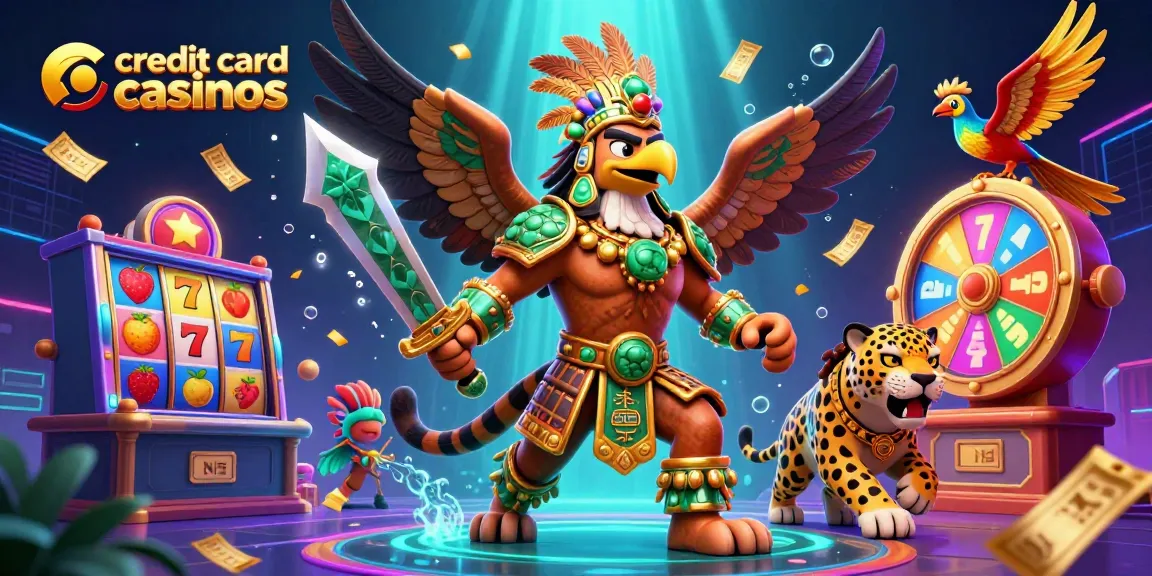 Experience excitement at credit card casinos with a vibrant 3D casino scene filled with animated characters and festive elements.