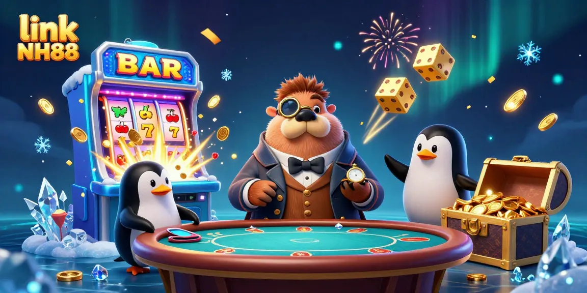 Experience vibrant casino excitement with link NH88 featuring a walrus, penguin dealer, and pufferfish in a dynamic 3D scene.