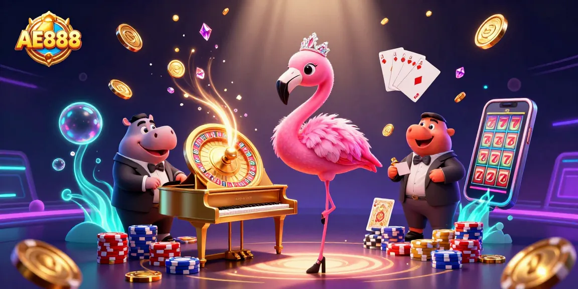 Experience the excitement at AE888's vibrant casino scene with dynamic characters and sparkling casino elements.
