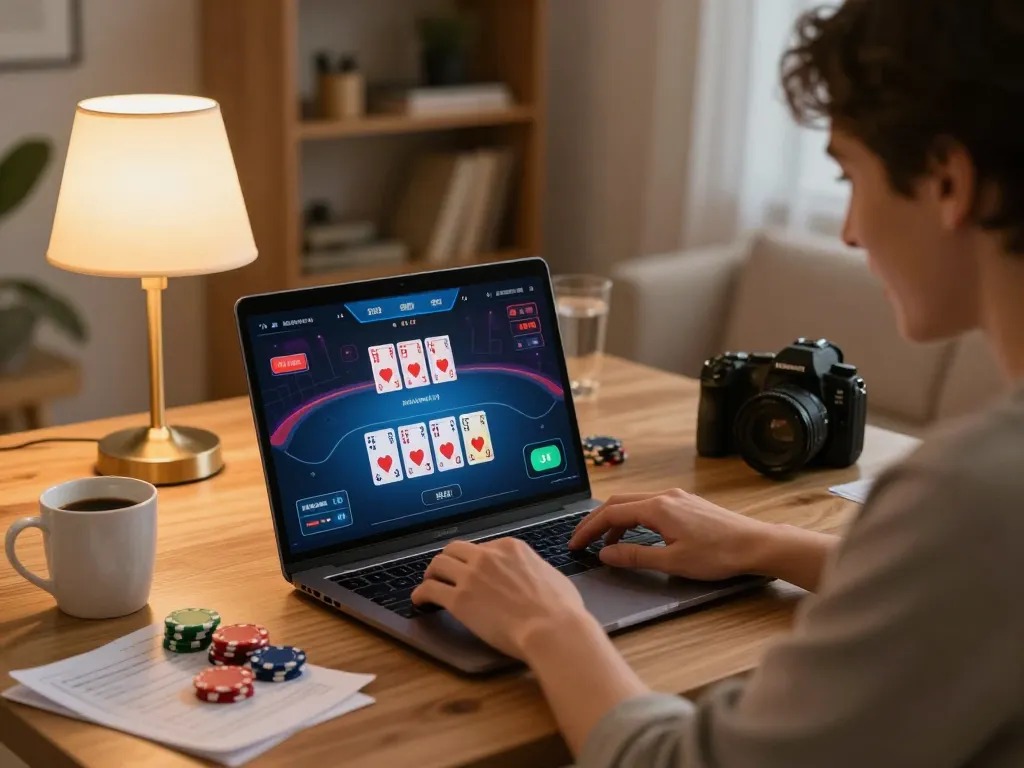 Player enjoying an online poker game at home with F8bet, chips and notes creating a strategic vibe.