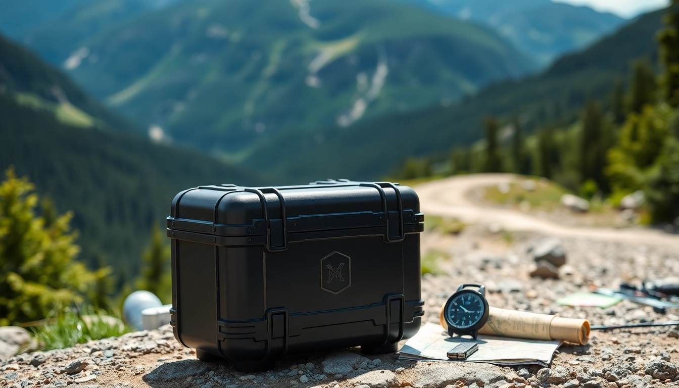 Hard case showcasing durability in a rugged outdoor setting next to hiking gear.