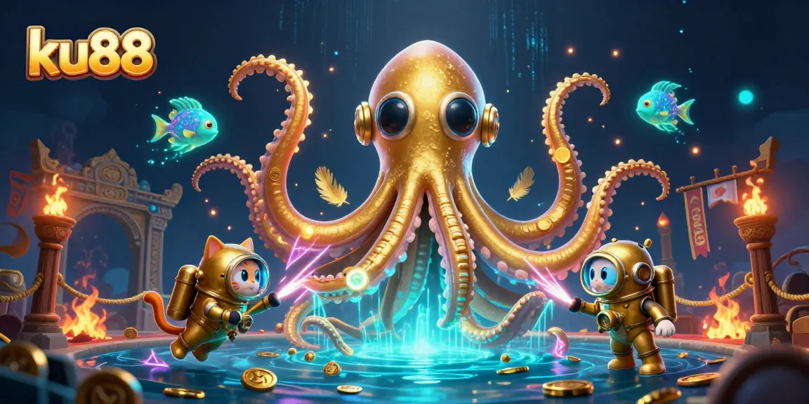 Win exciting prizes at ku88, featuring a colossal kraken, golden treasures, and vibrant underwater action.